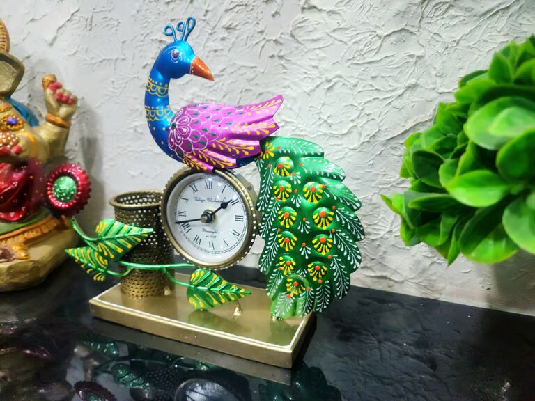 Multicolor Iron Peacock Traditional Clock 3''
