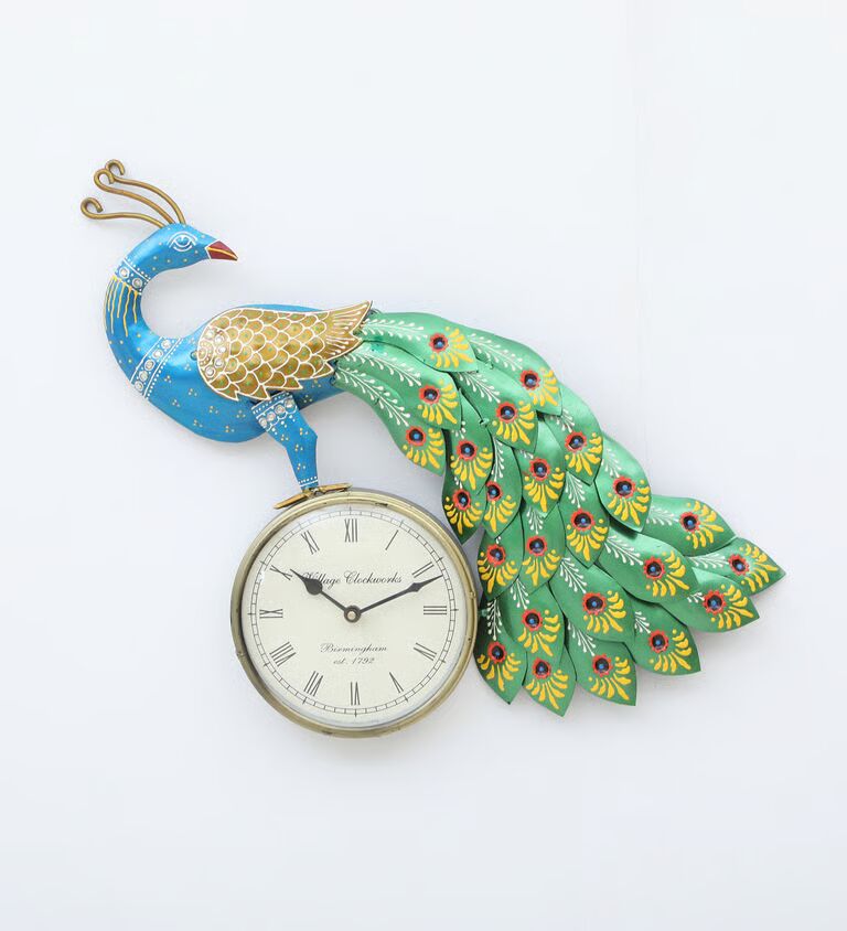 Decorative Peacock Multicolour Iron Novelty Traditional Wall Clock