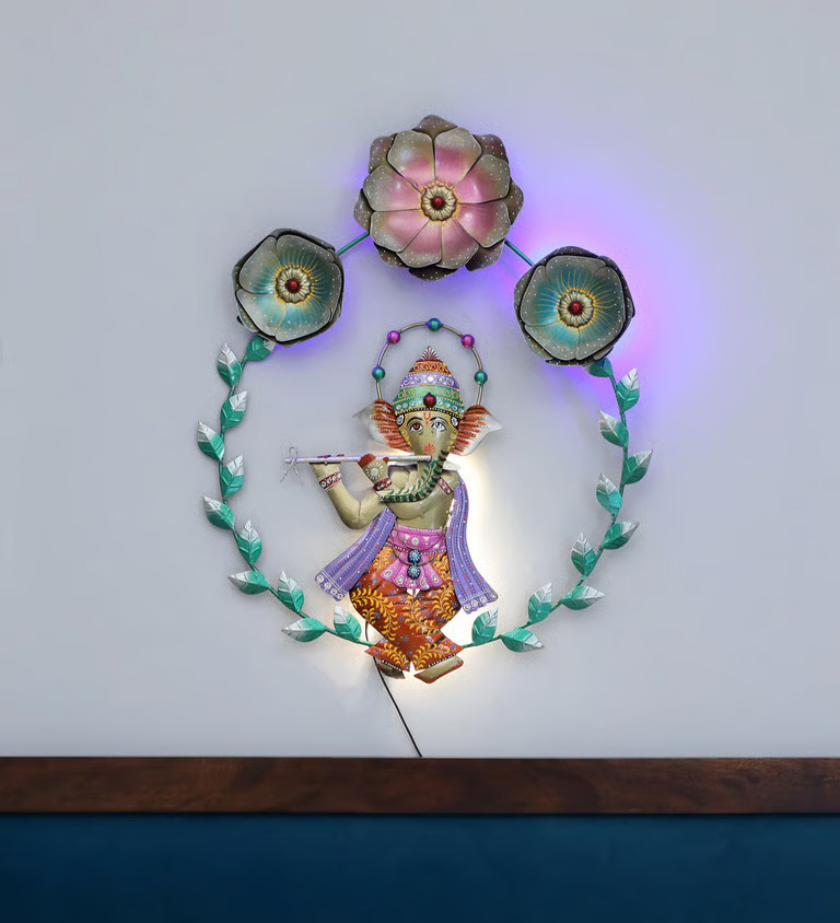 Decorative Flower Ganesh Multicolour Metal with LED Wall Art