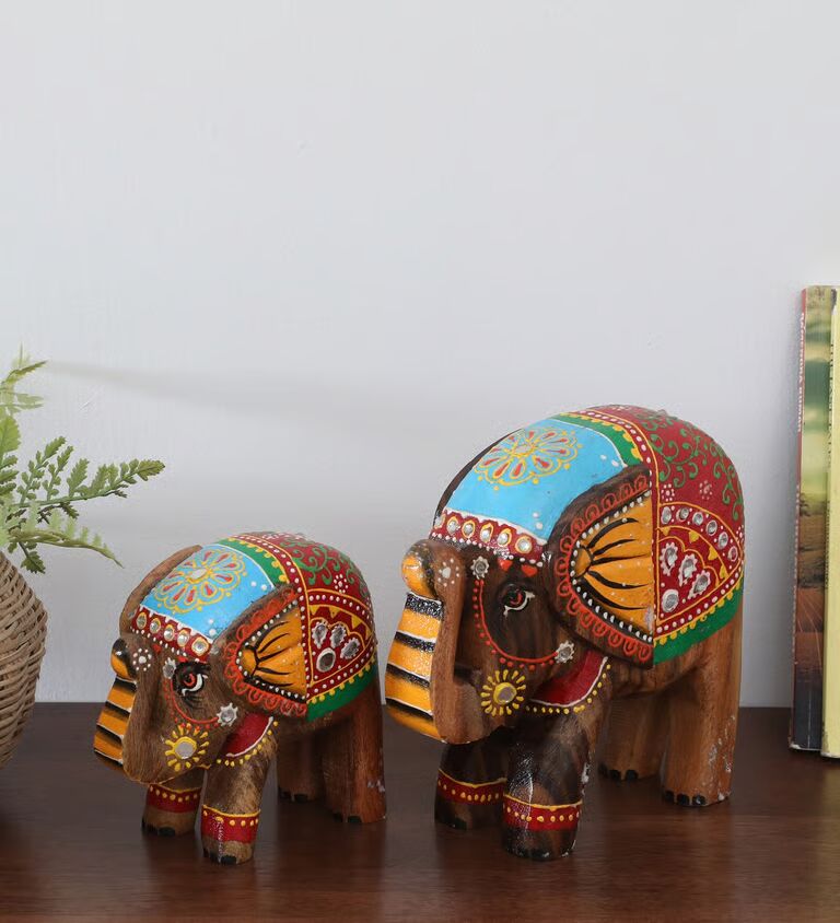 Elephant Set Of 2 Multicolour Wooden Figurines