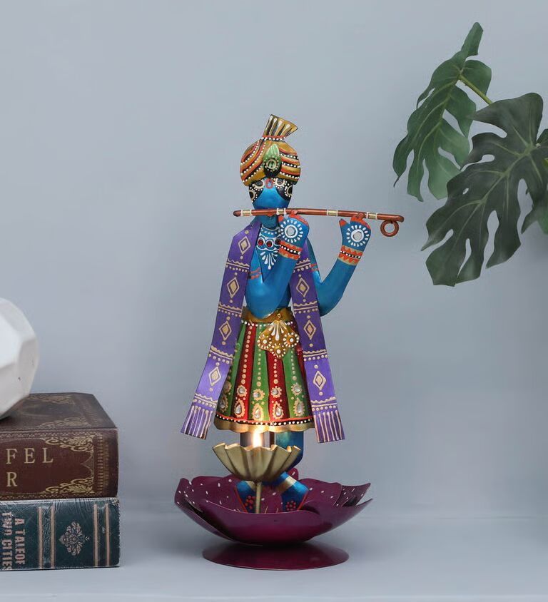 Decorative Krishna Multicolour Metal Table Tea Light Holder