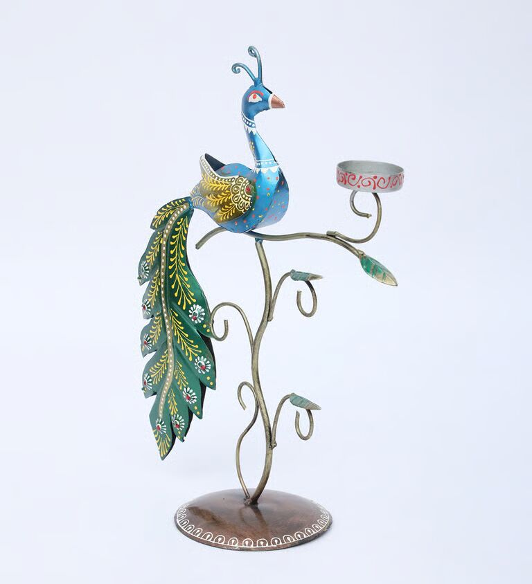 Decorative Peacock Multicolour Metal Table Tea Light Holder