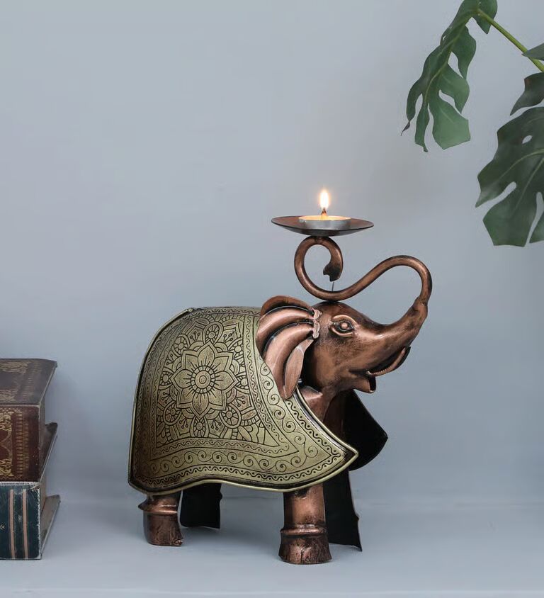 Decorative Elephant Multicolour Metal Table Tea Light Holder