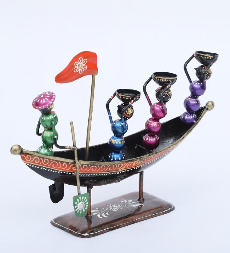 Decorative Boat Multicolour Metal Table Tea Light Holder