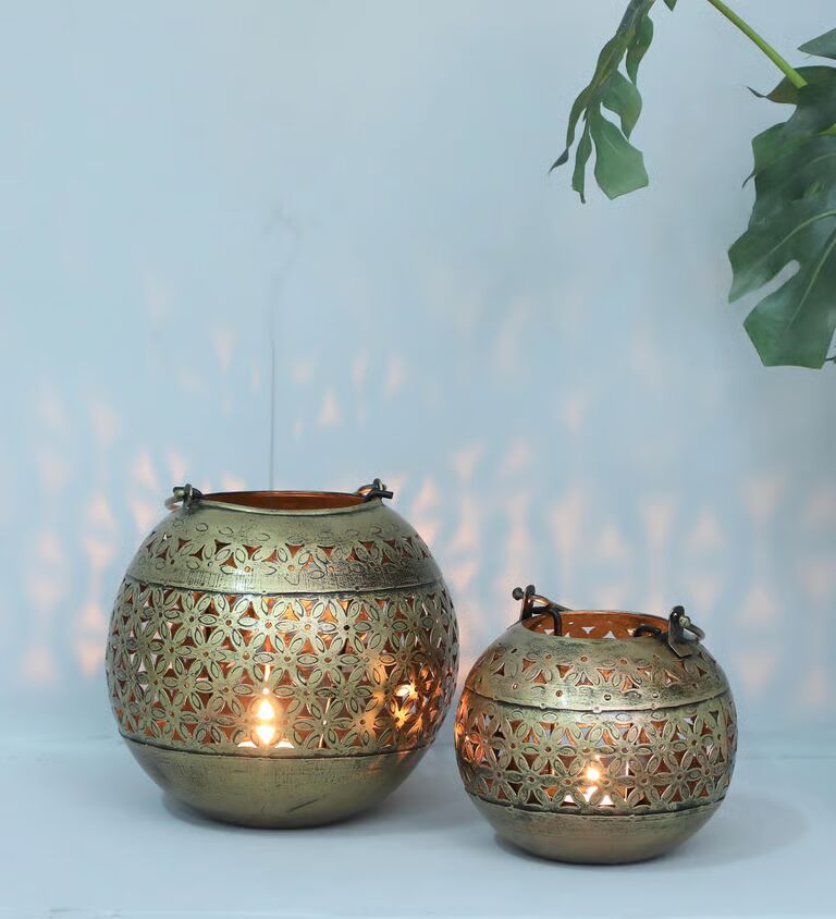 Decorative Jali Set of 2 Multicolour Metal Hanging Tea Light Holder