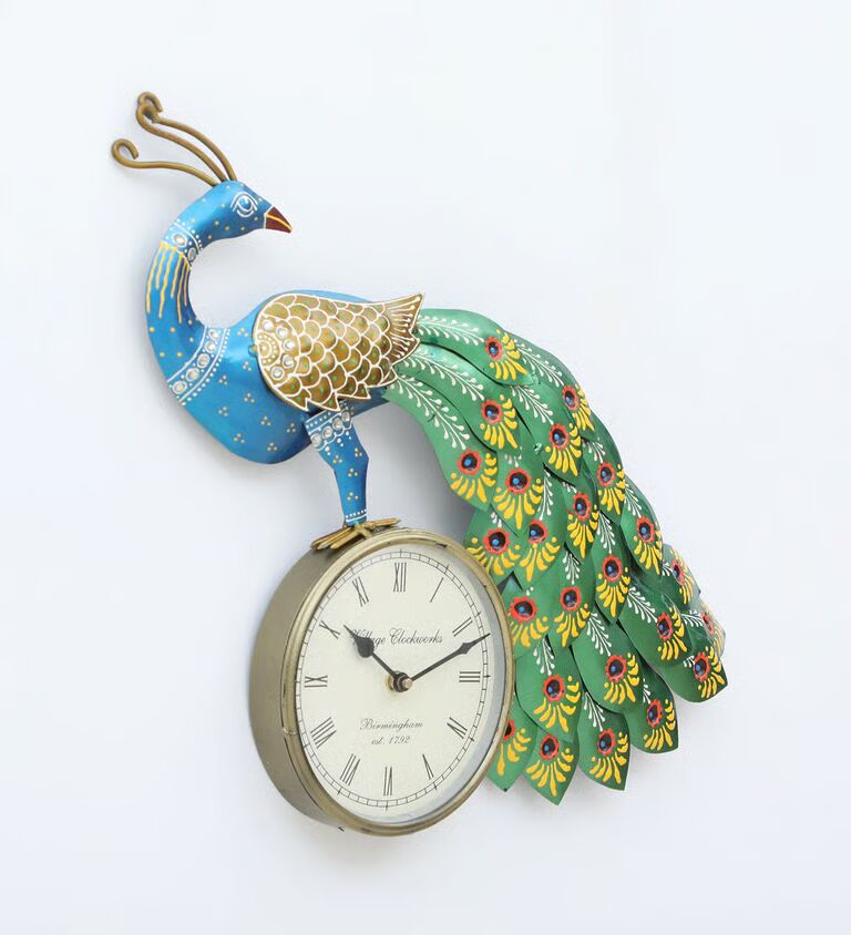 Decorative Peacock Multicolour Iron Novelty Traditional Wall Clock
