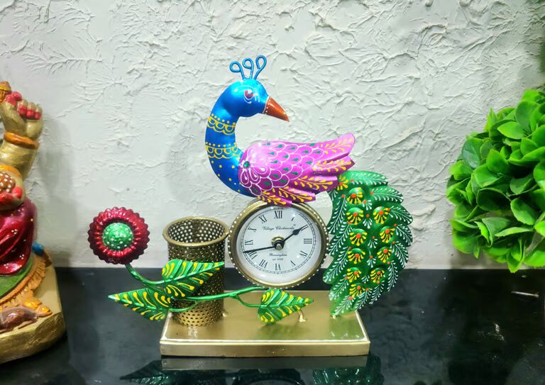 Multicolor Iron Peacock Traditional Clock 3''