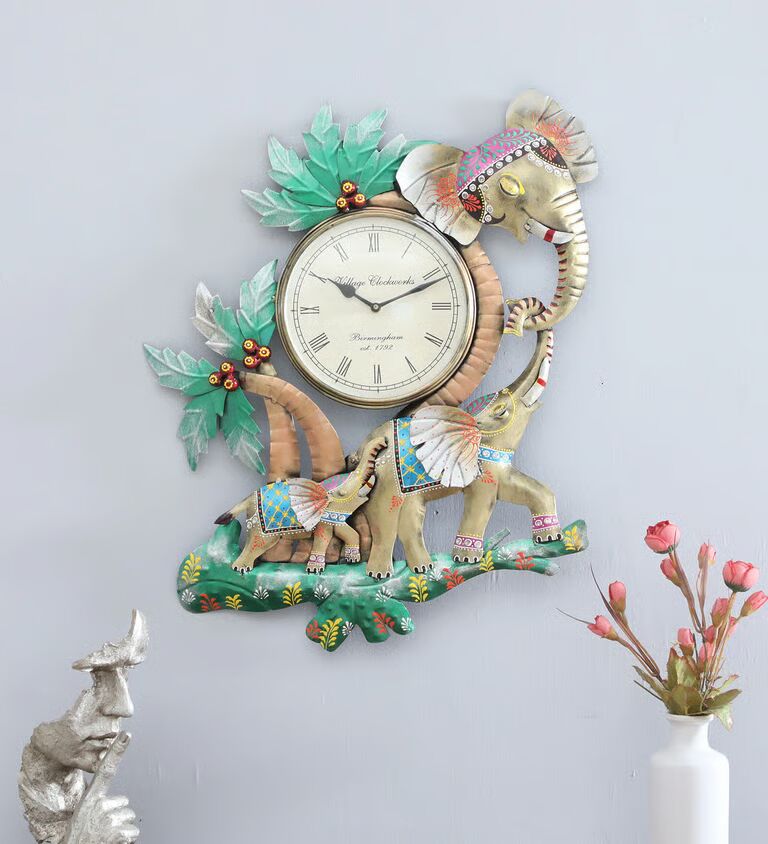 Decorative Elephant Multicolour Metal Novelty Traditional Wall Clock
