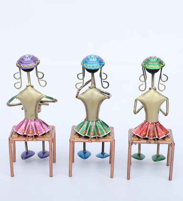 Lady Hanging Set Of 3 Bench Multicolour Iron Figurines