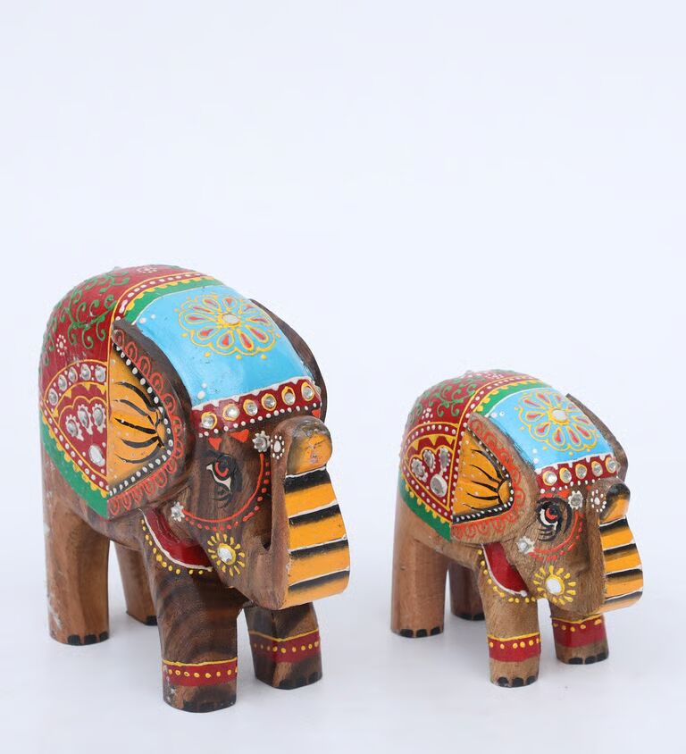 Elephant Set Of 2 Multicolour Wooden Figurines