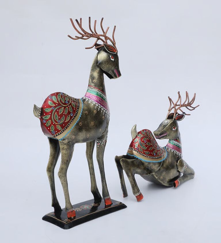 Deer Panting Set Of 2 Multicolour Iron Figurines