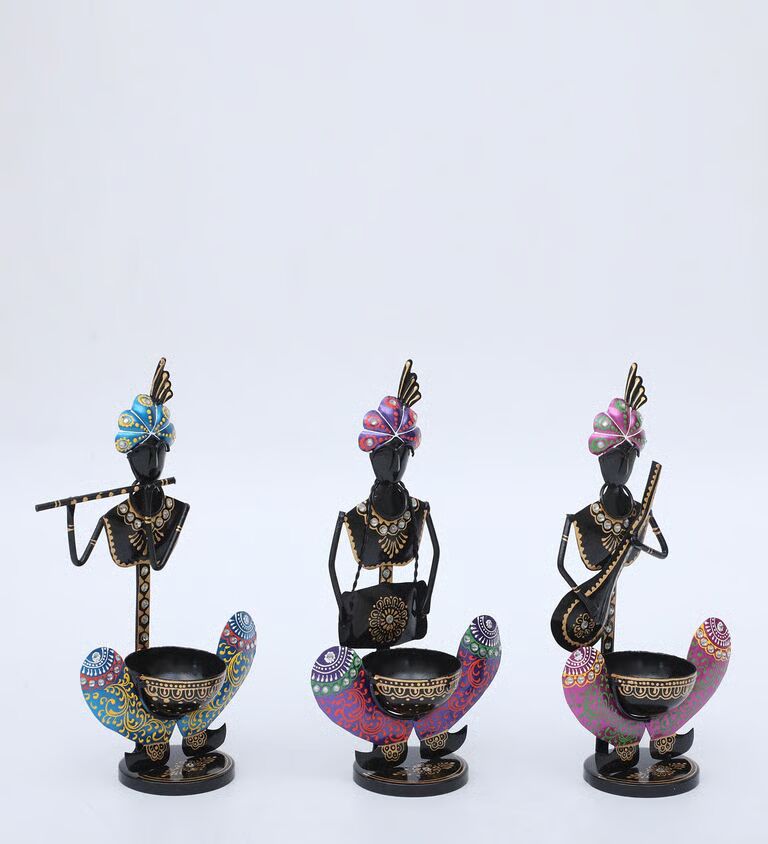 Krishna Set Of 3 Multicolour Iron Tea Light Holder