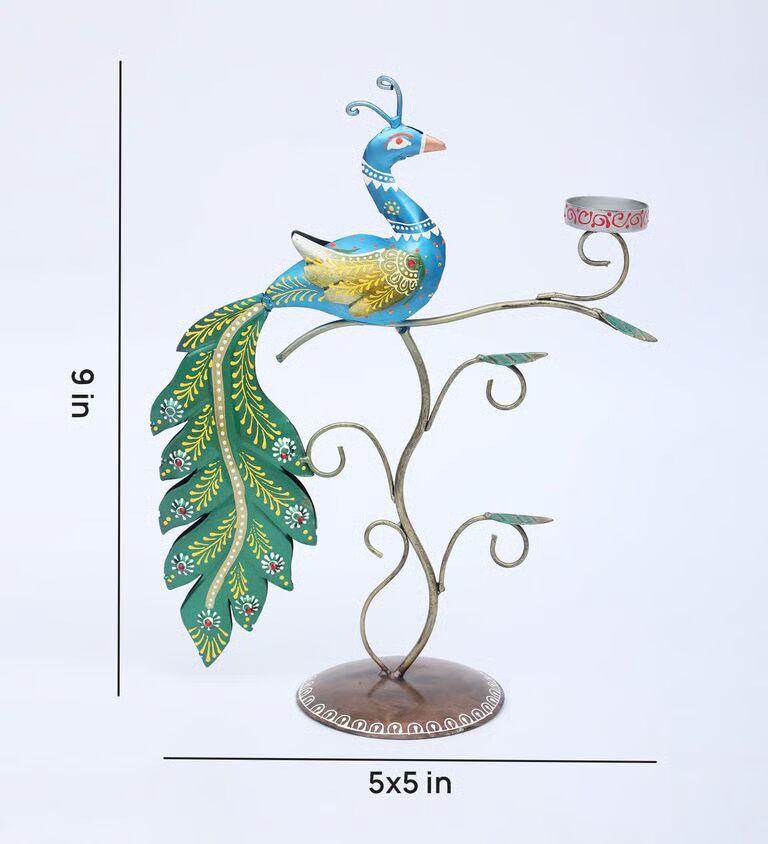 Decorative Peacock Multicolour Metal Table Tea Light Holder