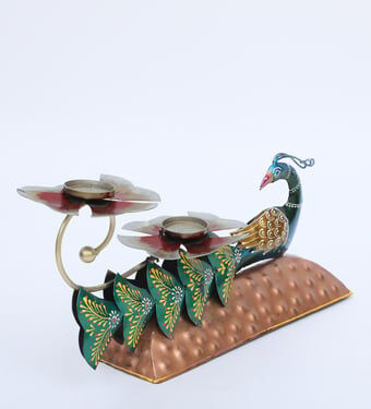 Decorative Peacock Multicolour Metal Table Tea Light Holder