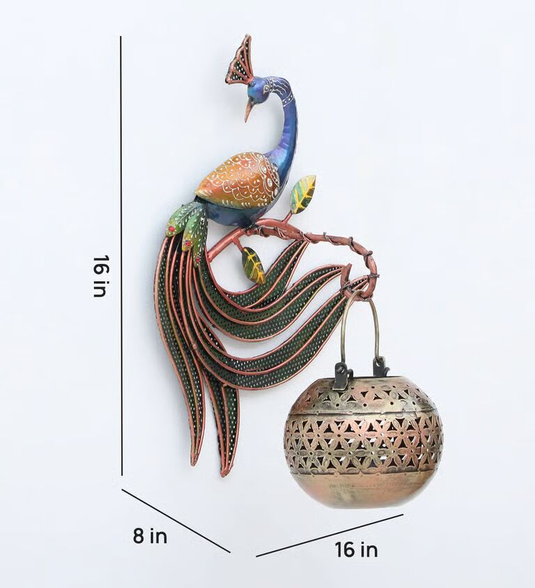 Peacock Hook Jali Pot Multicolour Metal Wall Tea Light Holder