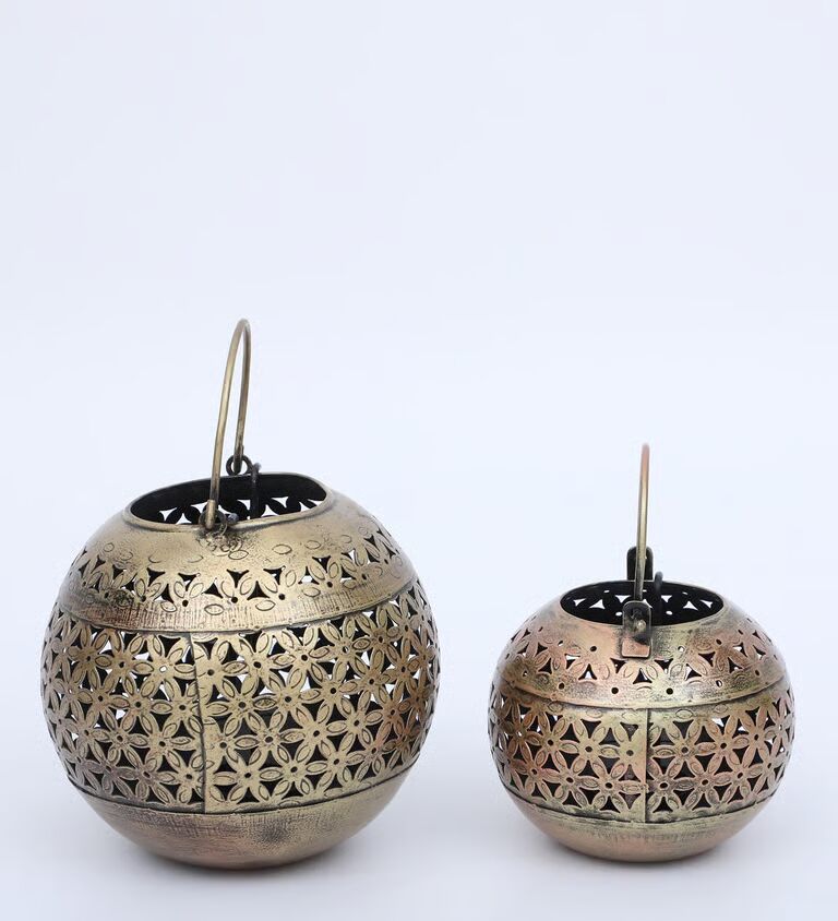 Decorative Jali Set of 2 Multicolour Metal Hanging Tea Light Holder
