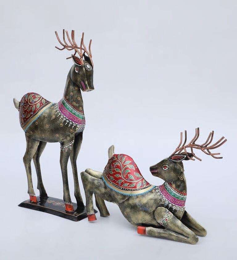 Deer Panting Set Of 2 Multicolour Iron Figurines