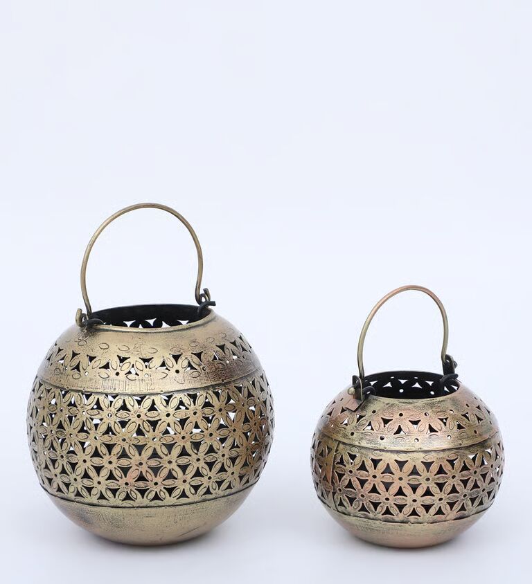 Decorative Jali Set of 2 Multicolour Metal Hanging Tea Light Holder