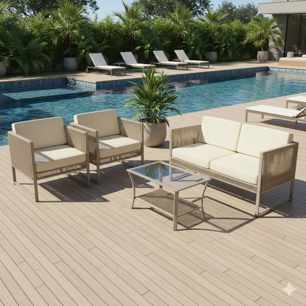 Conjunto de Sofá Linha Reta Corda Náutica - 1 Sofá + 2 Poltronas + Mesa centro