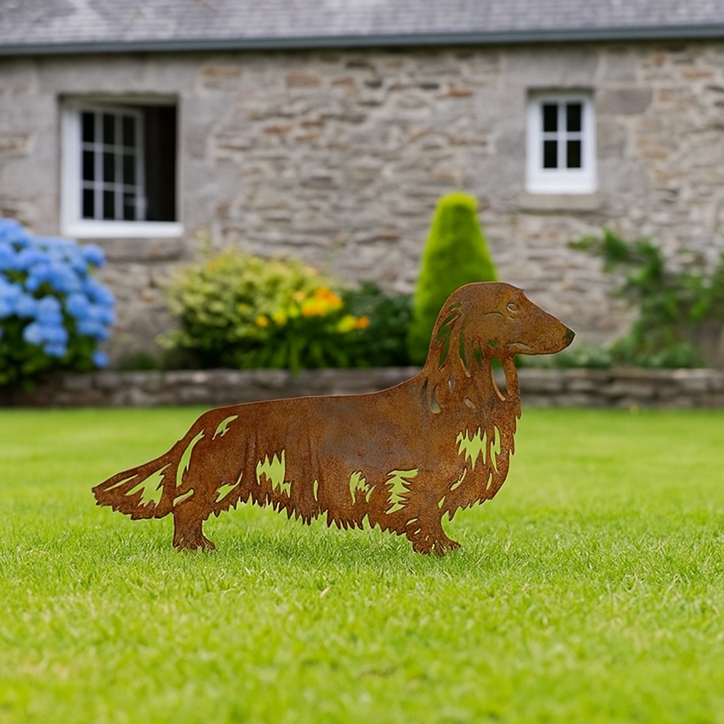 Teckel poil long - statue de jardin - 63x35