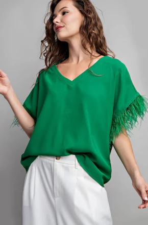 Green feather-trim blouse