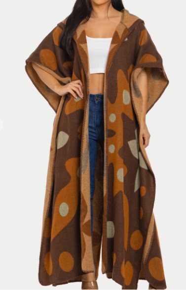 HOODED MULTICOLOR LONG PONCHO CARDIGAN