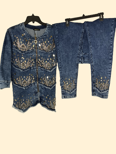 Auntie Denim Embellished Jacket and Pants Set