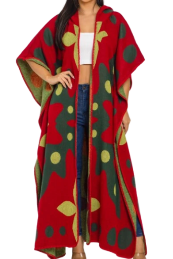 HOODED MULTICOLOR LONG PONCHO CARDIGAN