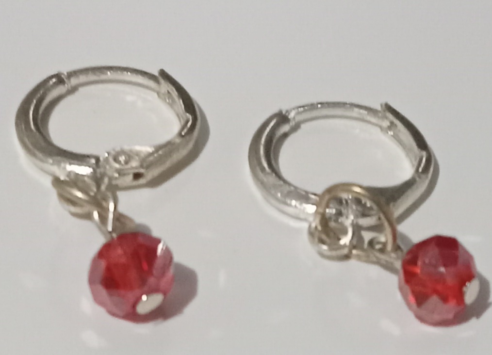 Silver Hoop Earrings with Red Gemstone Charms