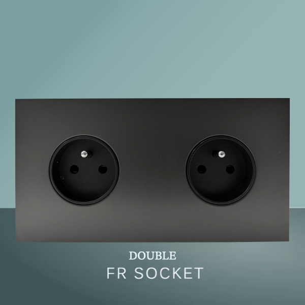 Double prise électrique mural moderne design acier brossé gris - FR
