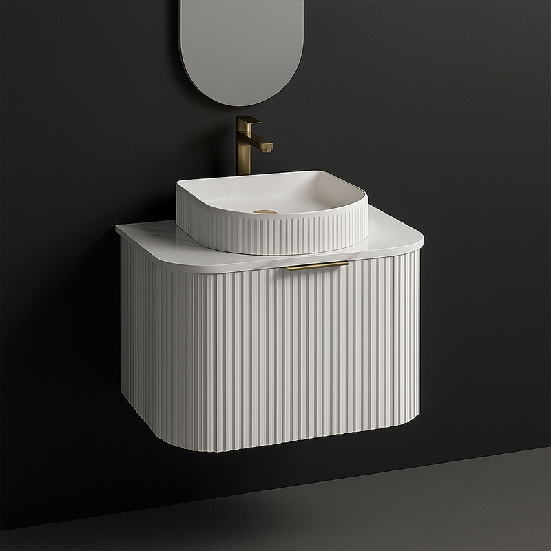 Contemporary Fluted Wall Hung Vanity Unit with Elegant Round Basin Oval Mirror and Painted Curved Cabinet Front