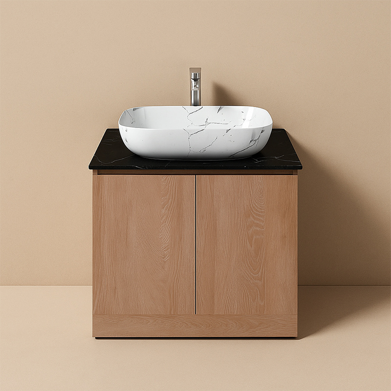Modern Wood Grain Bathroom Vanity with Black Countertop 