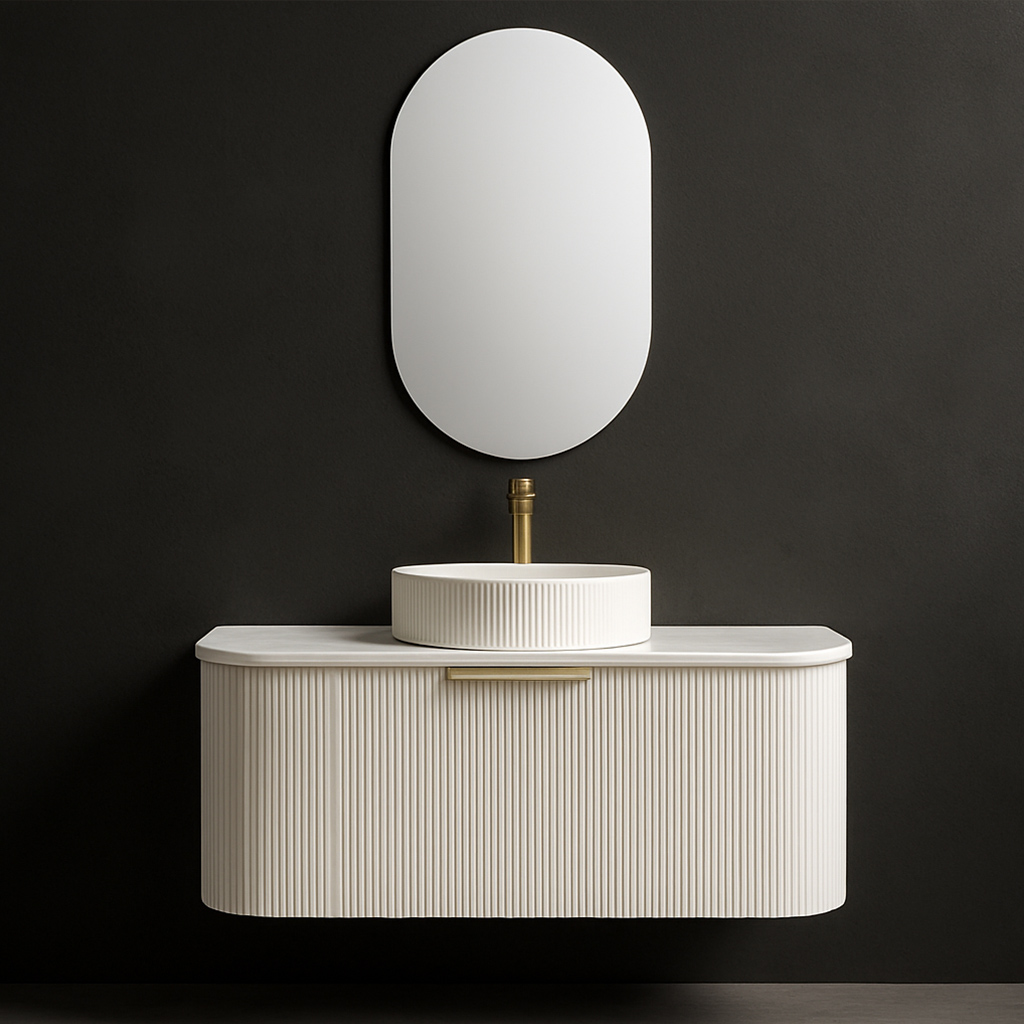 Contemporary Fluted Wall Hung Vanity Unit with Elegant Round Basin Oval Mirror and Painted Curved Cabinet Front