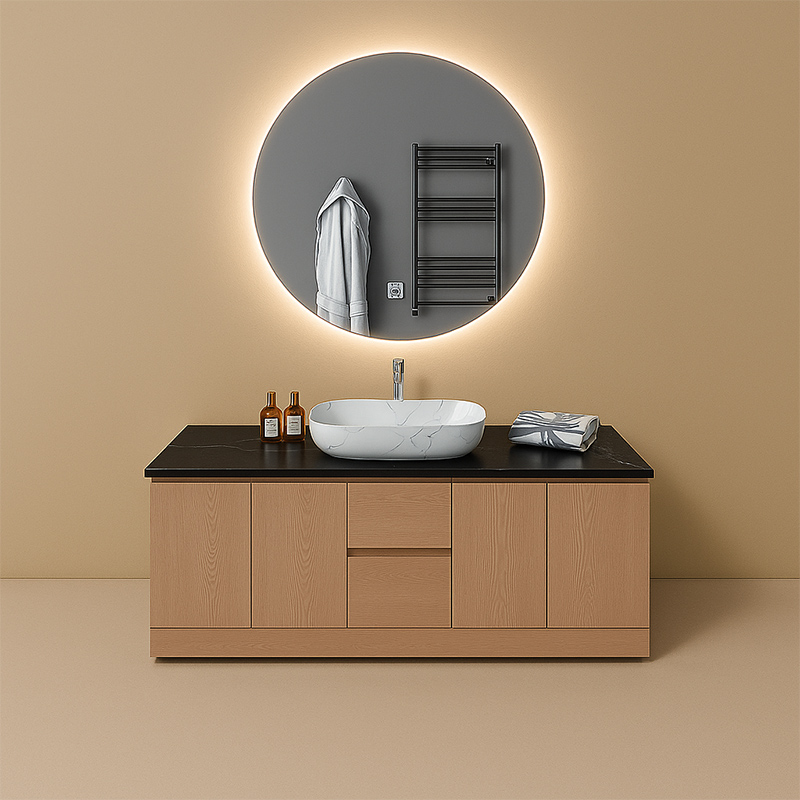 Modern Wood Grain Bathroom Vanity with Black Countertop