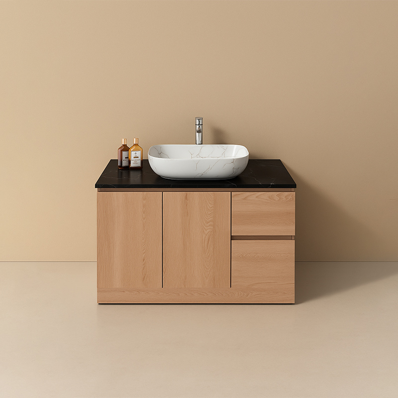 Modern Wood Grain Bathroom Vanity with Black Countertop 