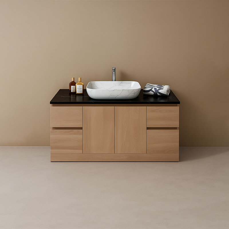 Modern Wood Grain Bathroom Vanity with Black Countertop 