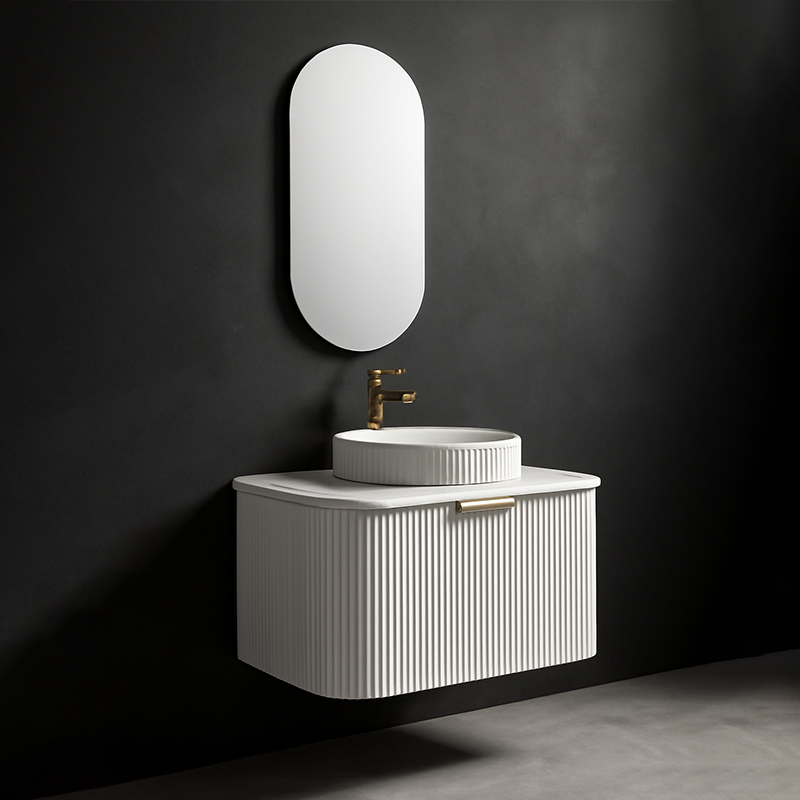 Contemporary Fluted Wall Hung Vanity Unit with Elegant Round Basin Oval Mirror and Painted Curved Cabinet Front