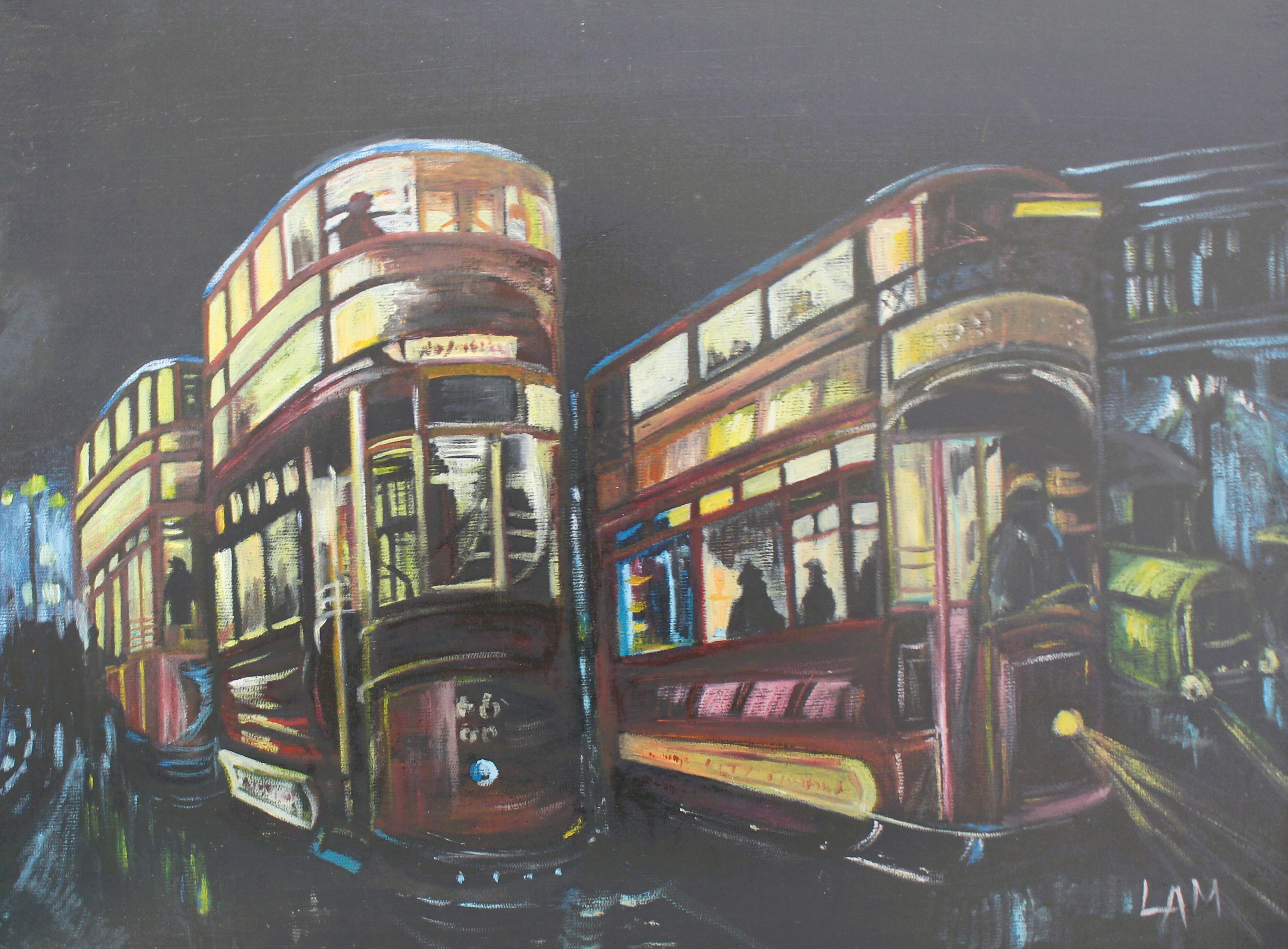 Vintage Tram Night Scene (1986)