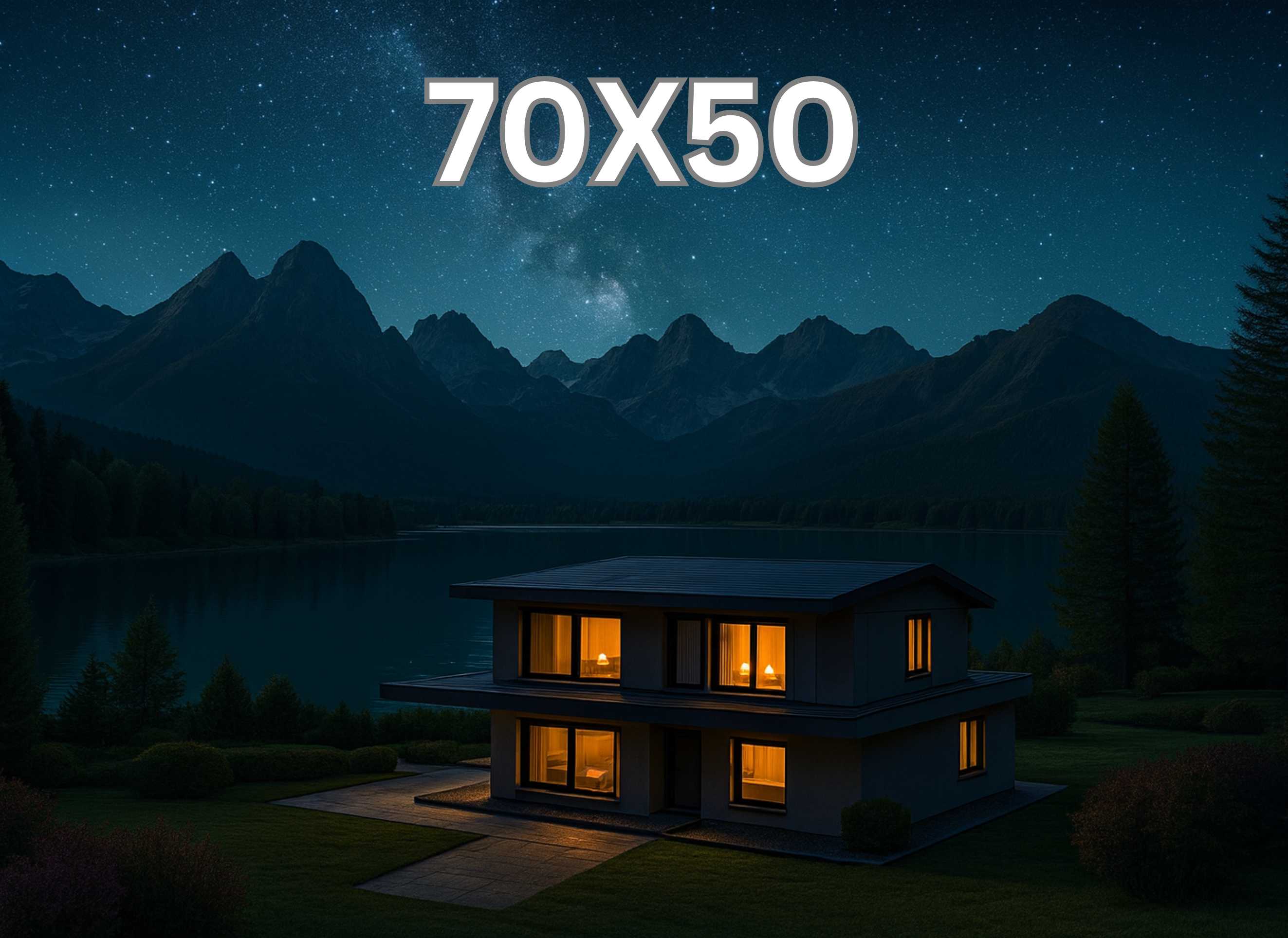 Modern Lakeside Home Under a Dark Starry Sky 70x50cm
