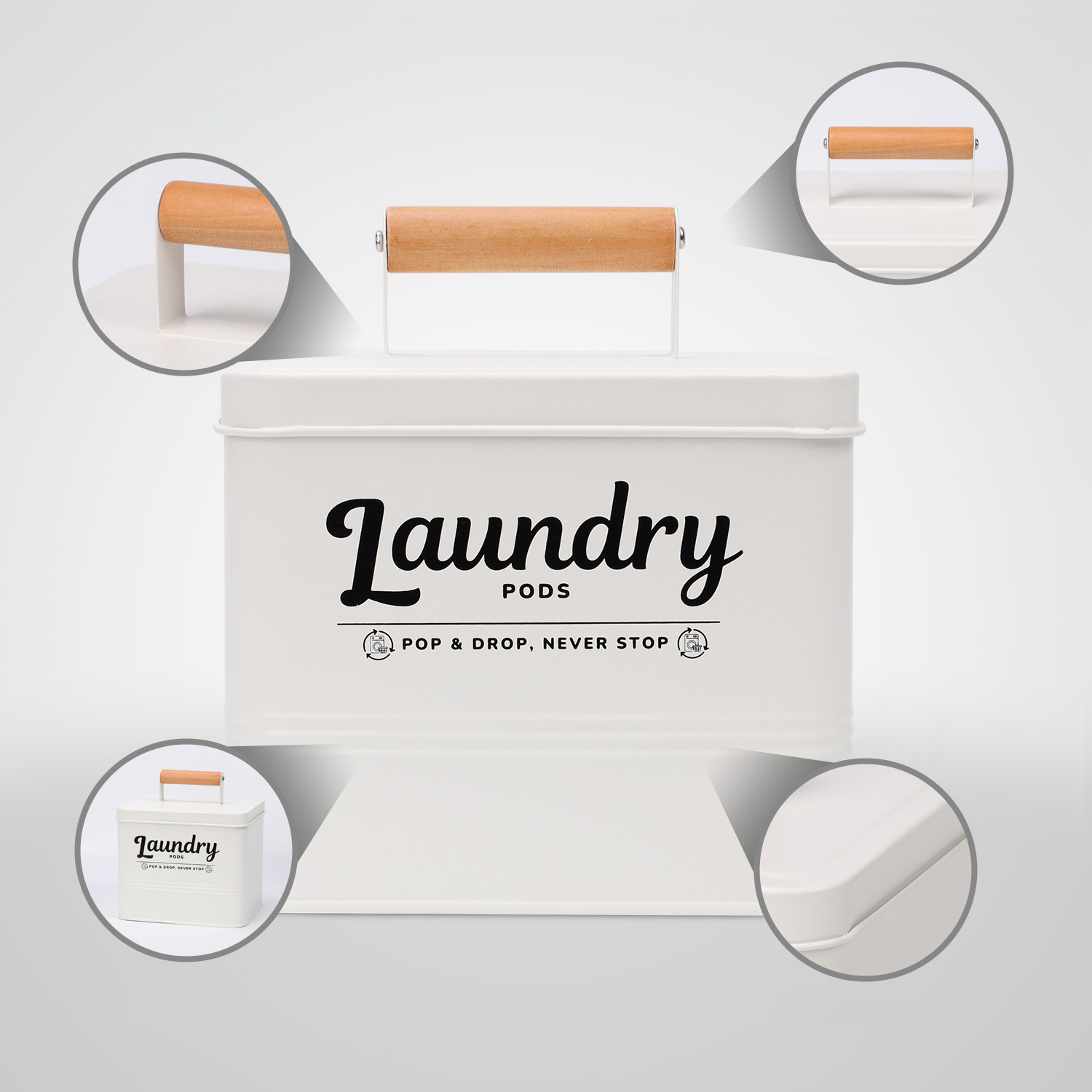 Farmhouse Laundry Pods Container with Lid – Modern Tin Storage Bin with Wooden Handle | Laundry Room Decor & Organization