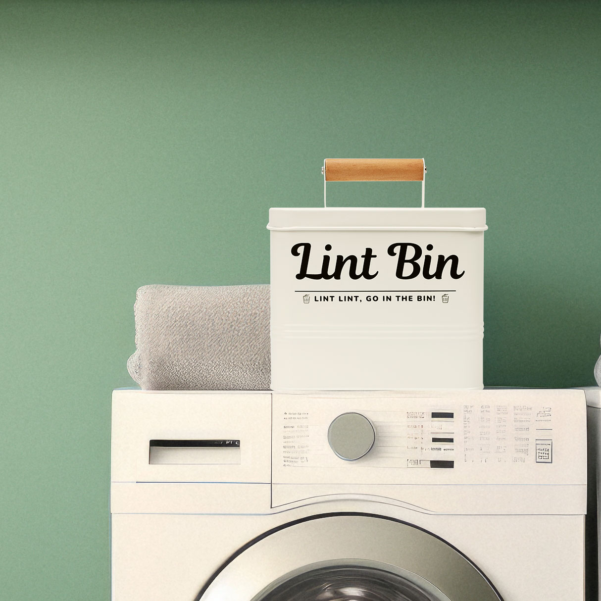 Farmhouse Lint Bin with Lid – Metal Laundry Room Organizer, Rustic Trash Can for Lint, Dryer Sheet Holder, Modern Decor, Holiday Gift Idea