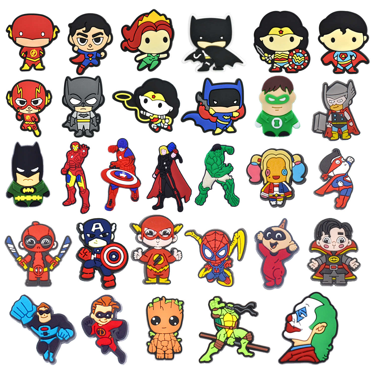 Superhero & Villain Shoe Charms: 30PCS Comic Book Hero Decor for Croc Charms, Bag Charms, Party Favor & Footwear accessories