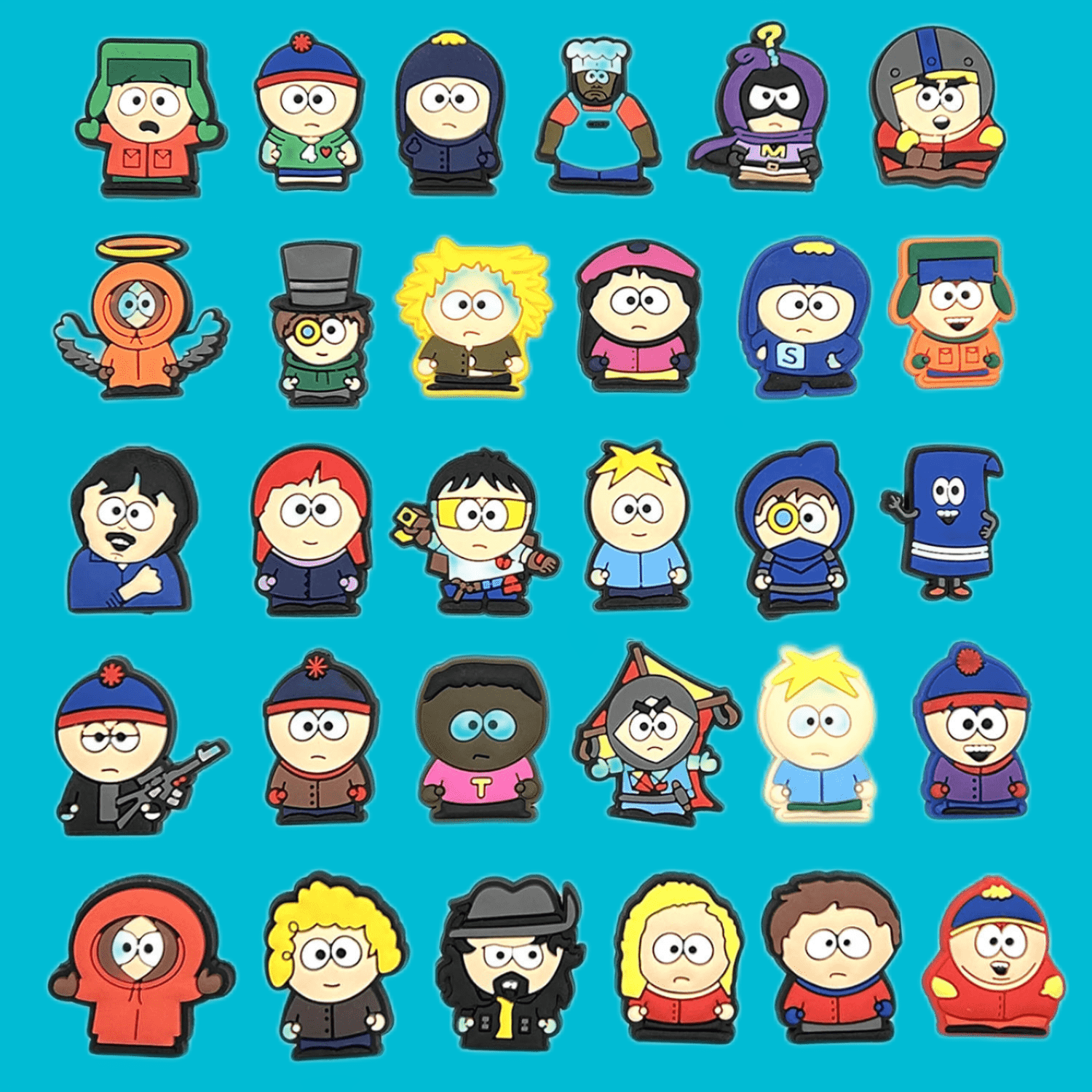 South Park Shoe Charms: 30PCS Cartoon Town Decor for Croc Charms, Bag Charms, Party Favor, & Footwear accessories.