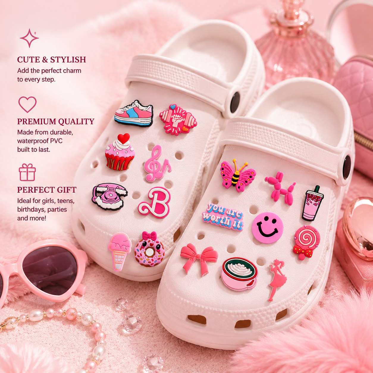 Cute Pink Shoe Charms for Girls, Shoe Decoration Croc Charms & Party Favors for Kids Girls Women Teens Adult 