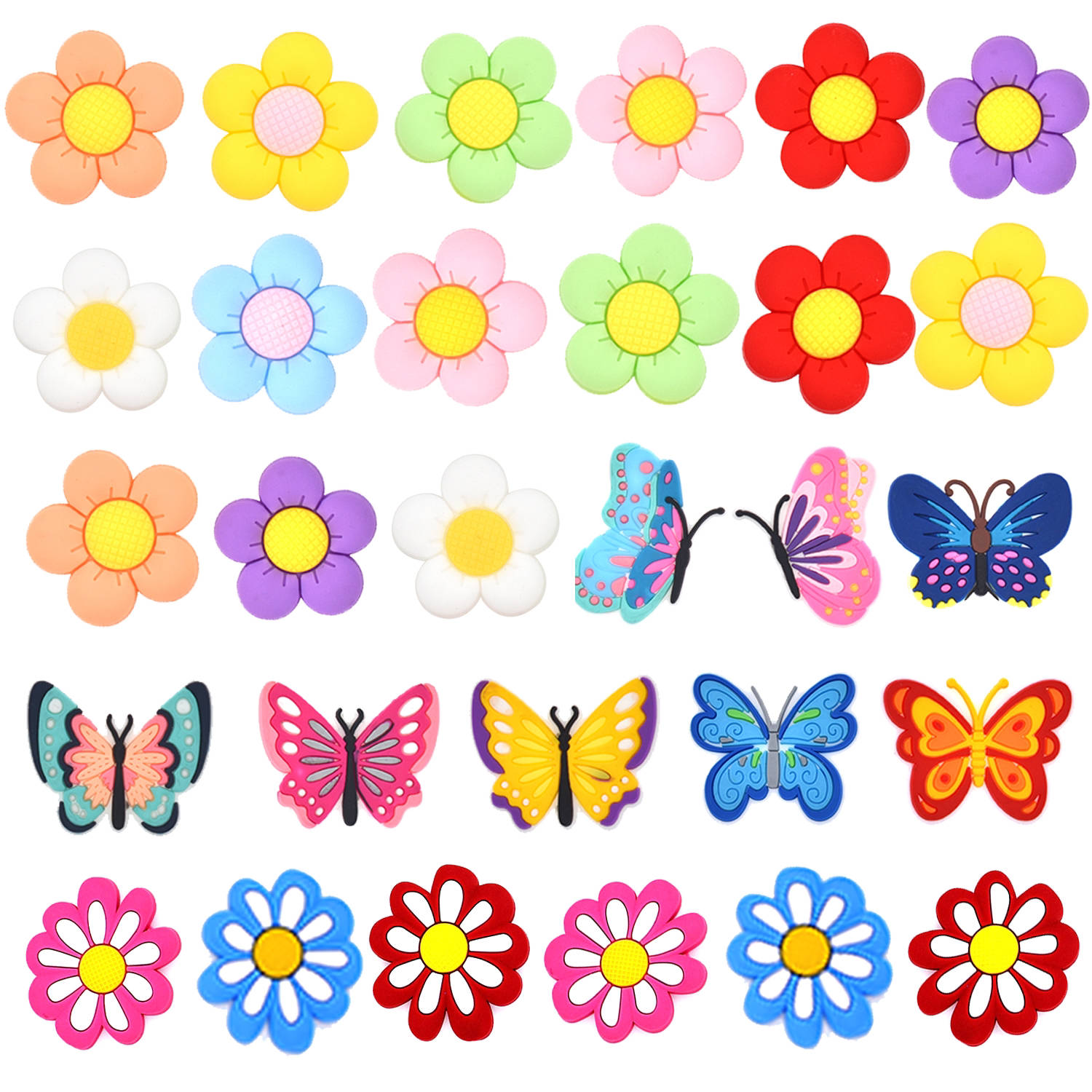 Colorful Flower & Butterfly Shoe Charms: 30PCS Vibrant Decor for Croc Charms, Bag Charms, Party Favor & Footwear accessories