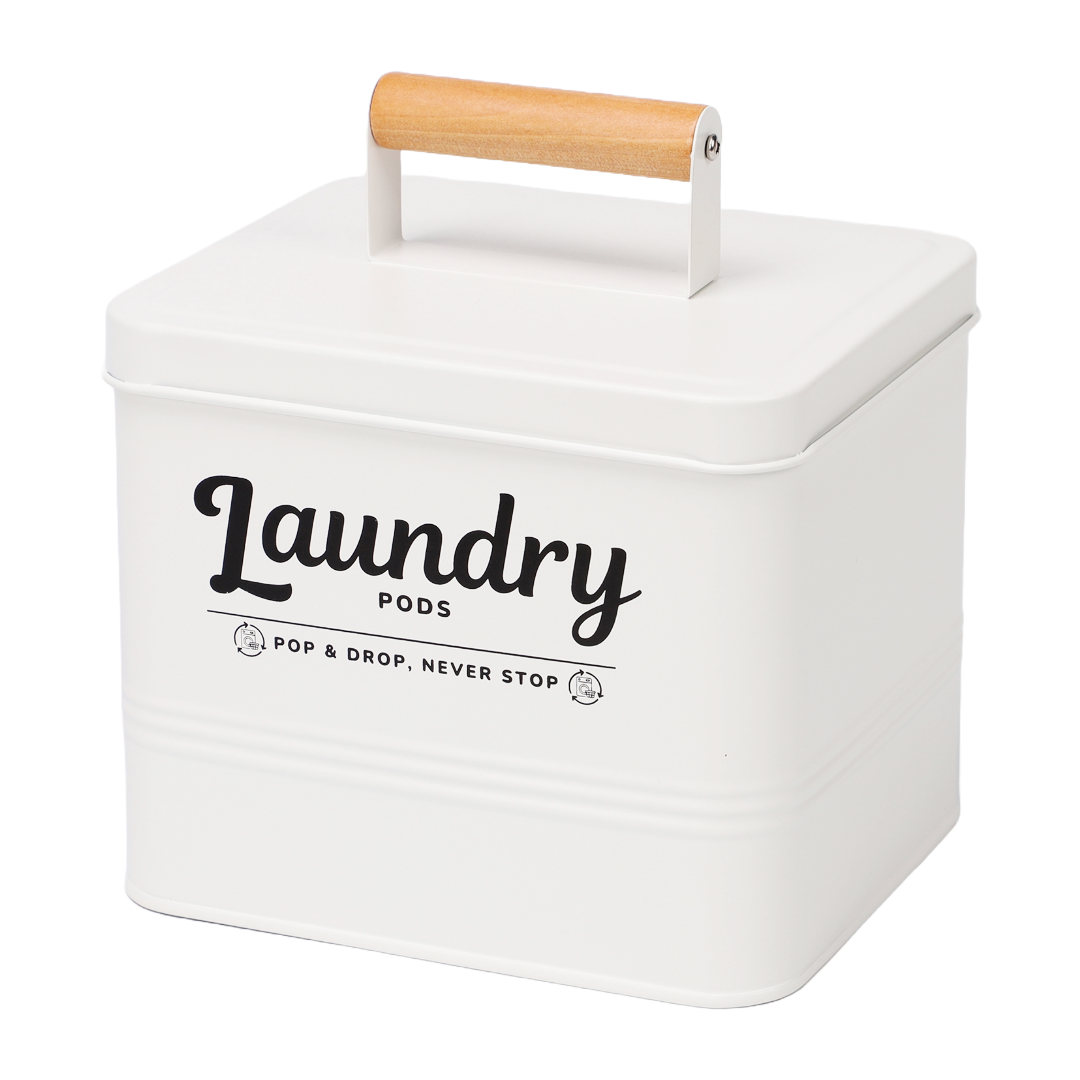 Farmhouse Laundry Pods Container with Lid – Modern Tin Storage Bin with Wooden Handle | Laundry Room Decor & Organization