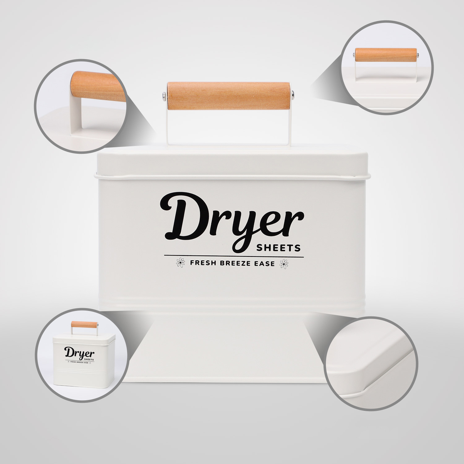 Farmhouse Laundry Dryer Sheet Container with Wooden Lid – Metal Storage Bin for Dryer Sheets, Pods & Laundry Room Decor