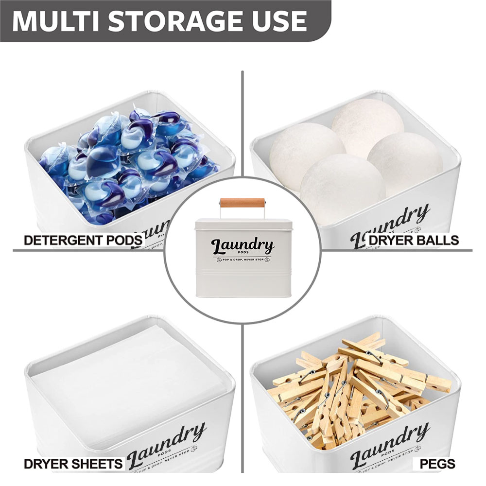 Farmhouse Laundry Pods Container with Lid – Modern Tin Storage Bin with Wooden Handle | Laundry Room Decor & Organization