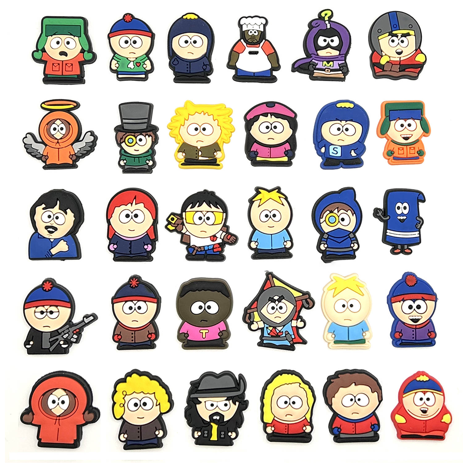 South Park Shoe Charms: 30PCS Cartoon Town Decor for Croc Charms, Bag Charms, Party Favor, & Footwear accessories.