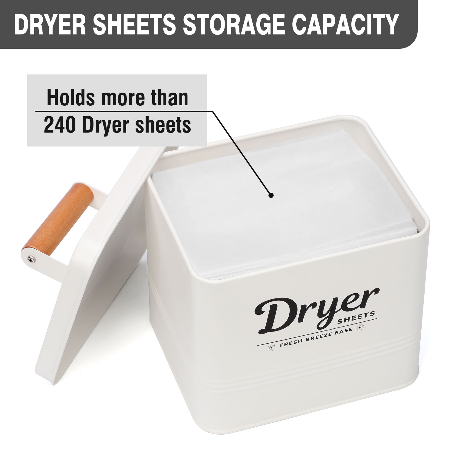 Farmhouse Laundry Dryer Sheet Container with Wooden Lid – Metal Storage Bin for Dryer Sheets, Pods & Laundry Room Decor